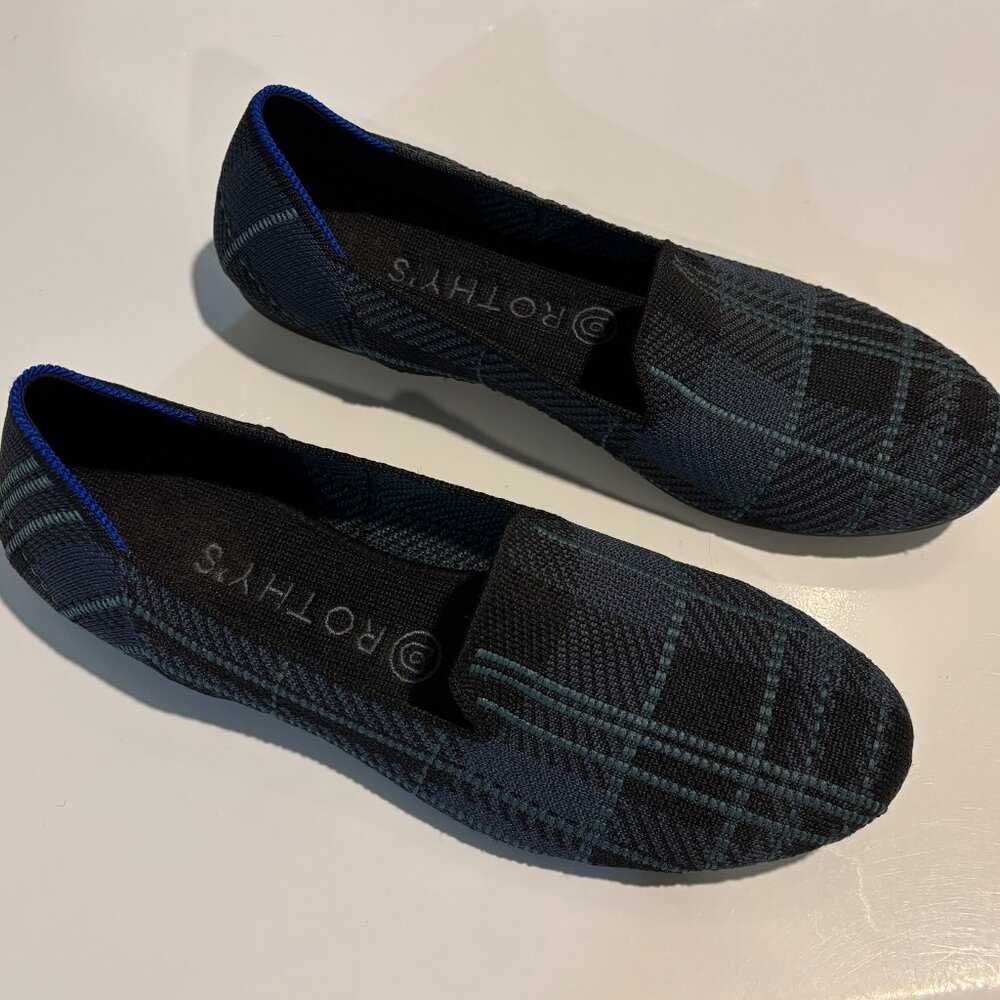 Rothy's Plaid RETIRED sz9 Blue & Green Round Loafer EUC